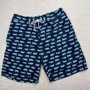 St Johns Bay Swim Trunks Mens Sz L Green Whales Blue Lined 9" Beach Swimwear EUC